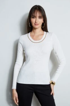 Elie Tahari Merino Rib Chain Detail Sweater