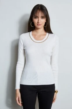 Elie Tahari Merino Rib Chain Detail Sweater -ELIE TAHARI Sales E85X5503 SNOW E802W203 BLACK 2FRONT 2144