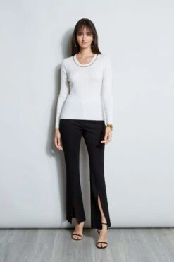 Elie Tahari Merino Rib Chain Detail Sweater -ELIE TAHARI Sales E85X5503 SNOW E802W203 BLACK 3back 922