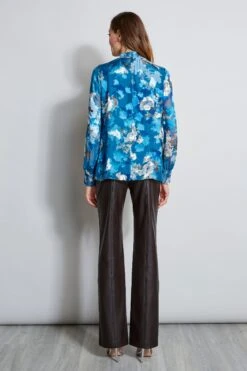 Elie Tahari Smocked Vintage Floral Shirt -ELIE TAHARI Sales E90AM202 COFFEE EN045502 BLUE 3BACK 1513