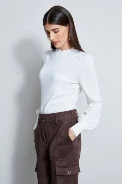 Elie Tahari Scallop Mock Neck Sweater -ELIE TAHARI Sales E95X5542 WAX SCALLOPT NECKSWTR 2FRONT 1881