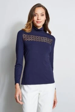 Elie Tahari Lace Insert Turtleneck Knit