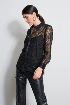 Elie Tahari Lace Button Up Shirt -ELIE TAHARI Sales ER03J502 BLACK 2front 187
