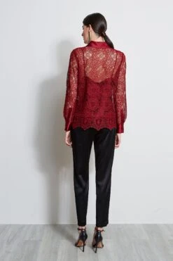 Elie Tahari Lace Button Up Shirt -ELIE TAHARI Sales ER03J502 MERLOT 3BACK 379