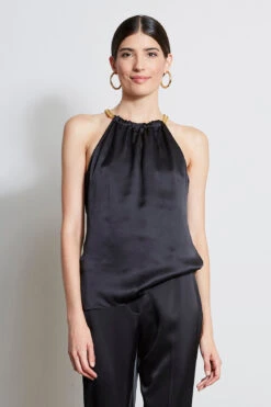 Elie Tahari Silk Satin Chain Halter Shirt