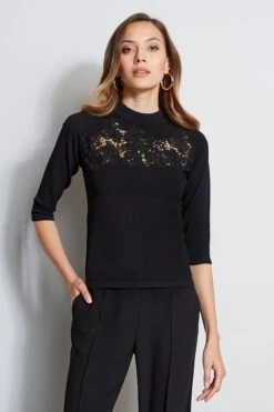 Elie Tahari Lace Applique Mock Sweater