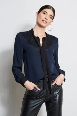 Elie Tahari Silk Lace Tie Shirt