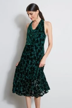 Elie Tahari Burn Out Velvet Halter Dress -ELIE TAHARI Sales ER142602 BOTTLEGREEN 2FRONT 1079