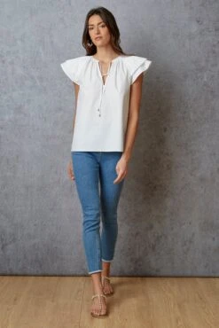 Pleated Flutter Sleeve Shirt -ELIE TAHARI Sales ETR21299 POPLIN SKYWHITE SL TOP 1HERO 717