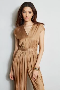 Pleated V-Neck Jumpsuit -ELIE TAHARI Sales ETR21337 BRONZE 2front 627