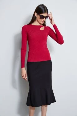 Long Sleeve Cut Out Rib Knit -ELIE TAHARI Sales ETR22469 NOVELTYCUTOUTRIBOULLOVERLSTOP WOMEN STOP 2front 3436