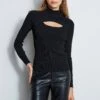 Long Sleeve Mock Neck Keyhole Sweater -ELIE TAHARI Sales ETR22496 MOCKNECKPULLOVERWITHFRONTCUTOUTDETAIL 2front 3451