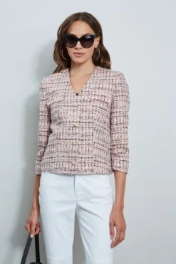 Tweed Crest Button Jacket -ELIE TAHARI Sales ETR32110 PINK 2front 1764