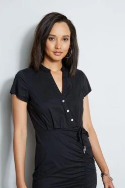 Ruched Cotton Shirt Dress 9 Ruched Cotton Shirt Dress -ELIE TAHARI Sales ETR32135 NOIR 2FRONT 1227