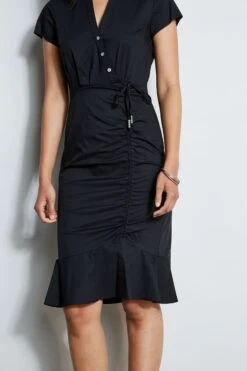 Ruched Cotton Shirt Dress 10 Ruched Cotton Shirt Dress -ELIE TAHARI Sales ETR32135 NOIR 2FRONT 1231