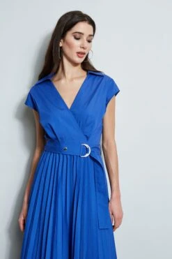 Mock Wrap Pleated Shirt Dress -ELIE TAHARI Sales ETR32167 SAILOR 2front 2515