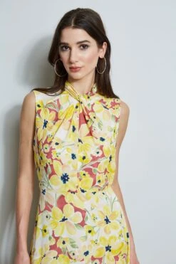 Floral Silk Twist Neck Dress -ELIE TAHARI Sales ETR32179 WATERCOLORBLOOMS 2FRONT 1056