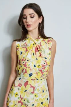 Floral Silk Twist Neck Dress -ELIE TAHARI Sales ETR32179 WATERCOLORBLOOMS 2FRONT 1060
