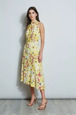 Floral Silk Twist Neck Dress -ELIE TAHARI Sales ETR32179 WATERCOLORBLOOMS 4STYLING 1027