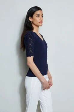 Crochet Sleeve V-Neck Sweater 9 Crochet Sleeve V-Neck Sweater -ELIE TAHARI Sales ETR32187 RICHNAVY 2front 2564