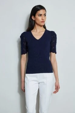Crochet Sleeve V-Neck Sweater 10 Crochet Sleeve V-Neck Sweater -ELIE TAHARI Sales ETR32187 RICHNAVY 2front 2565