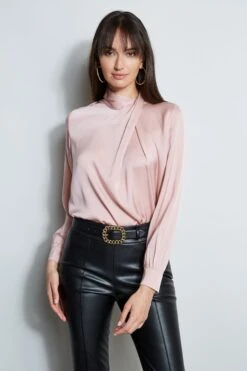 Draped Neck Silk Shirt -ELIE TAHARI Sales ETR34136 CINDER E80AM203 BLACK 2front 273