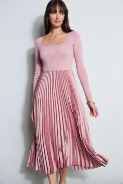 Square Neck Pleated Midi Dress -ELIE TAHARI Sales ETR34137 CINDER 2FRONT 2400