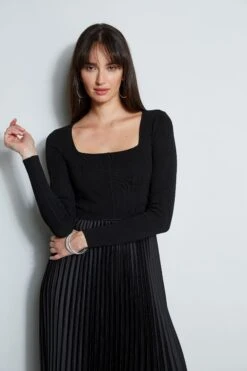 Square Neck Pleated Midi Dress 9 Square Neck Pleated Midi Dress -ELIE TAHARI Sales ETR34137 NOIR 2FRONT 2430