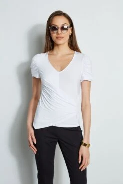 Elie Tahari Ruched Sleeve V-Neck Knit